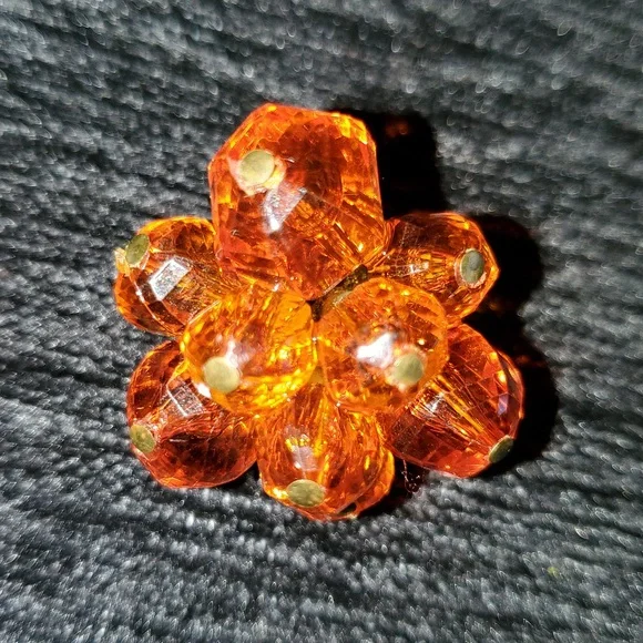 Vintage West Germany Amber Clip On Orange Faceted Beaded Cluster Flower Earrings - Picture 10 of 15